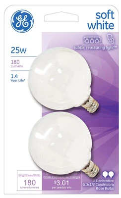 2PK 25W GE G16.5 WHT GLOBE CNDL