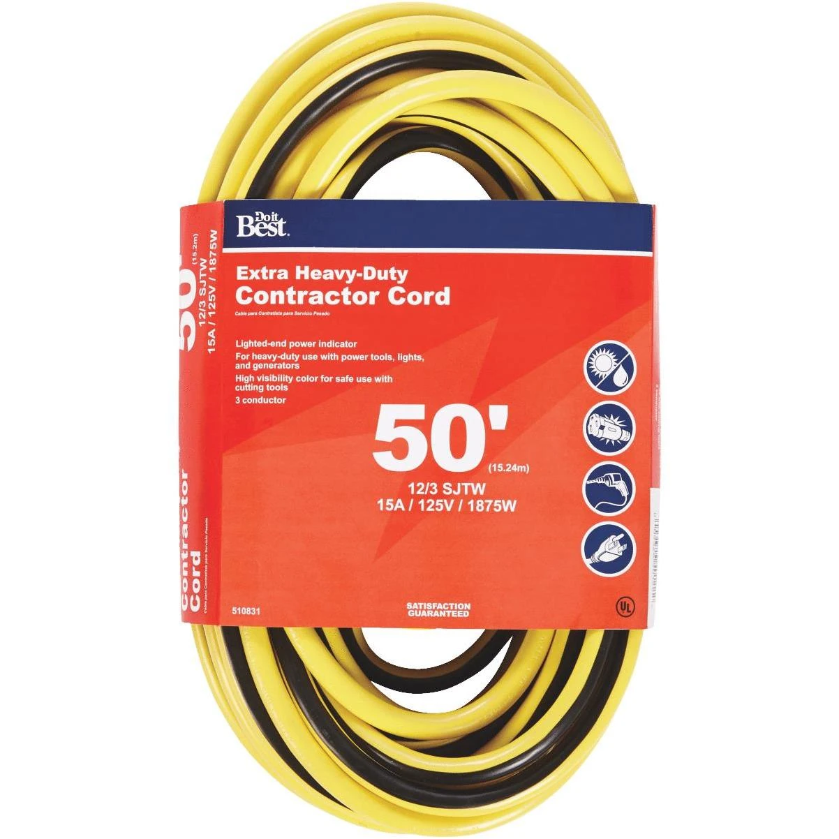 50' 12/3 Sjtw Yellow 3-outlet Extension Cord With Lighted Ends