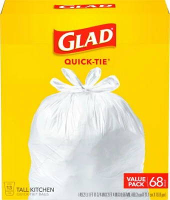 Tall Kitchen Garbage Bags, White, Quick Tie, 13 Gallon, 68-Ct.