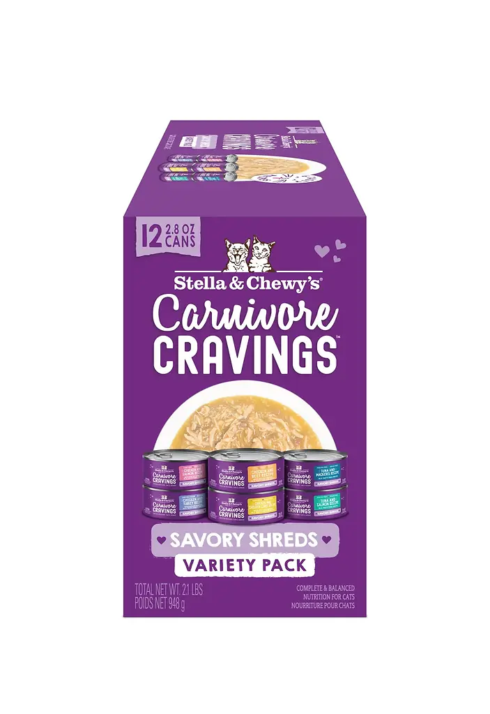 Carnivore Cravings Savory Shreds Canned Variety Pack CAT FOOD - 12 x 2.8 oz