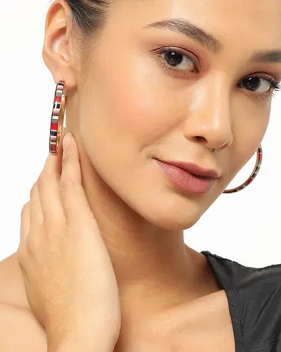 30971 Multi Color Serape Stripe Print Hoop Earrings