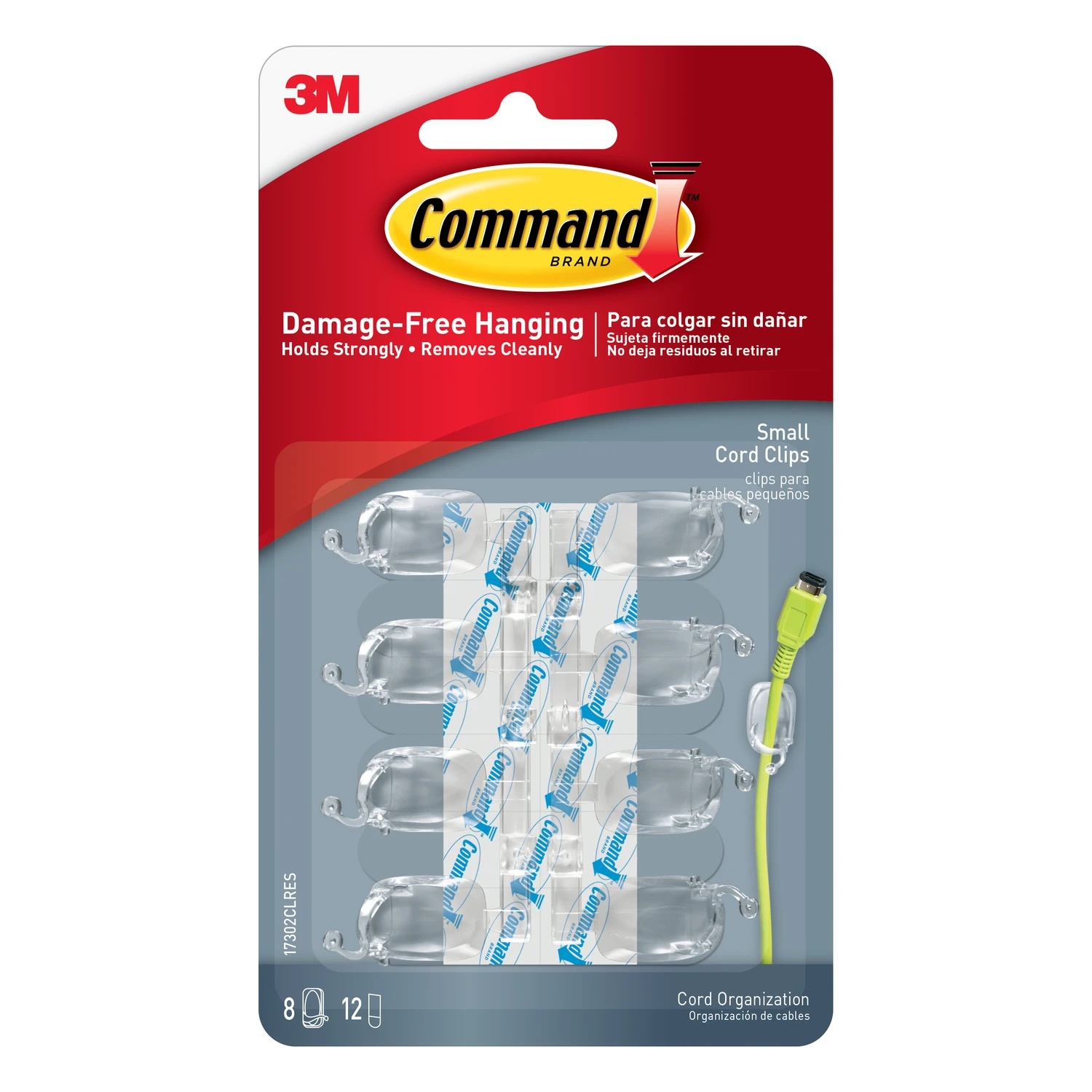 3m Command Small Clear Cord Clips 0.8 In. L, 8 Clips & 12 Adhesive Strips Pk