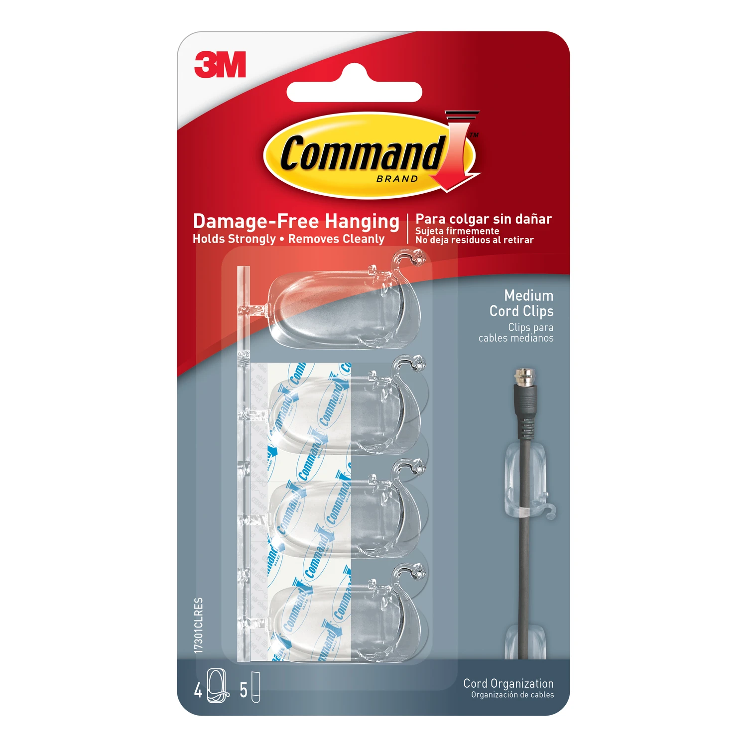 Cord Organizers With Adhesive Strips, Clear, Medium, 4 Clips/5 Strips