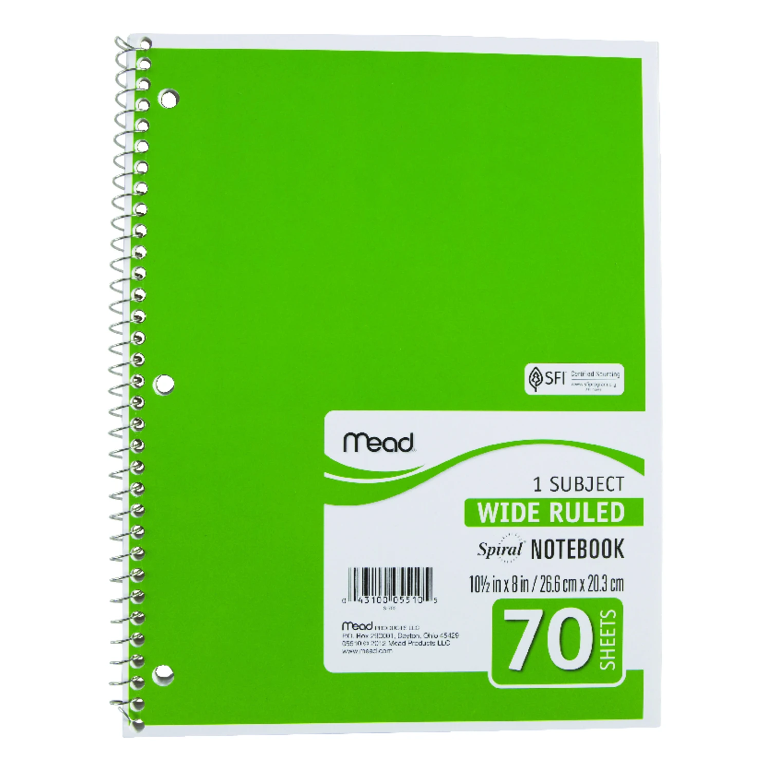 8 In. W X 10-1/2 In. H Wide Ruled Spiral Notebook, 70 Sheets, Assorted Colors