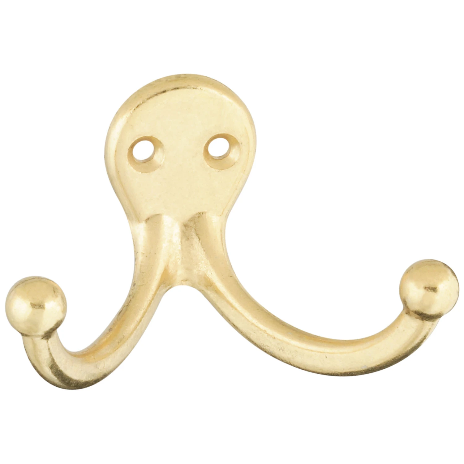 Wall Hook for Clothes, Double Prong, Bright Brass, 2-Pk.