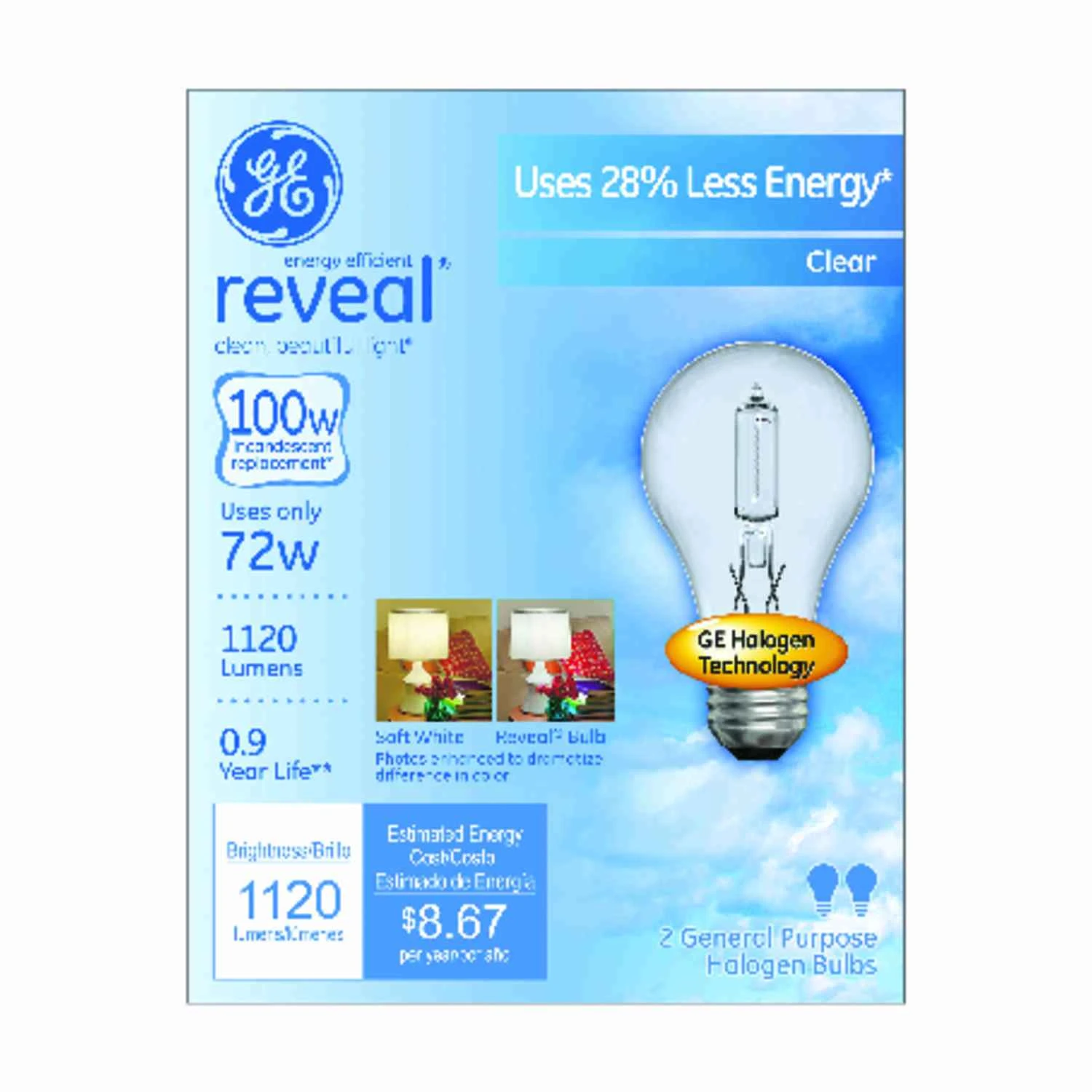 GE Reveal 2-Pack 72-Watt Dimmable Color-enhancing A19 Halogen Appliance Light Bulbs