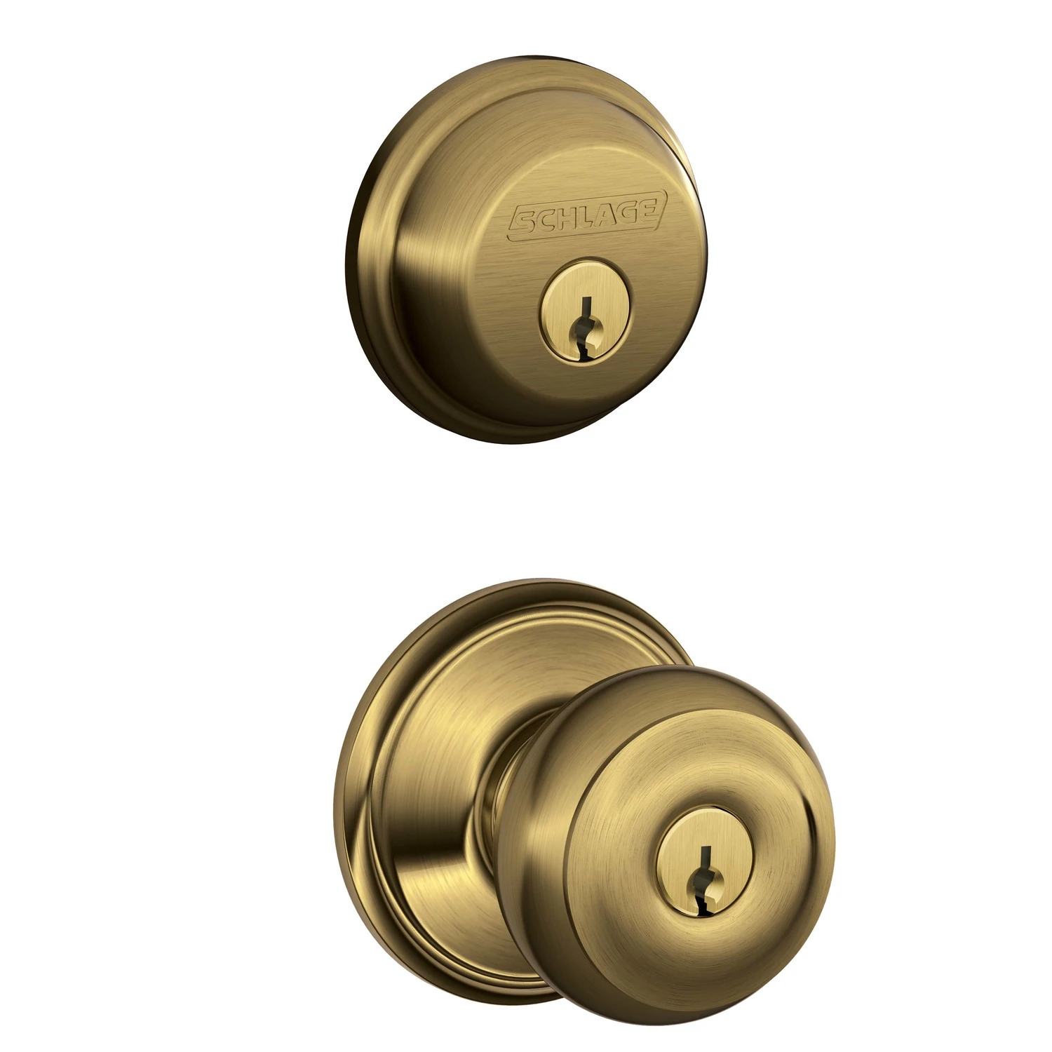 Georgian Antique Brass Deadbolt And Door Knob Combo, Grade 1 Security
