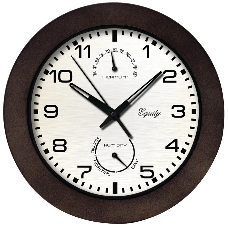 Equity Indoor and Outdoor Wall Clock with Temperature and Humidity Gauge, Brown Case, 10 Inch Diameter