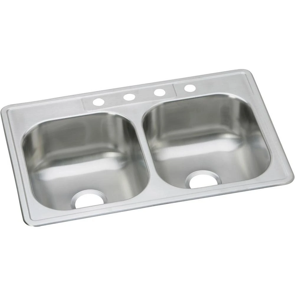 Dayton Stainless Steel Kitchen Sink with Satin Finish, Double Bowls, Four Holes, 33 by 22 Inches