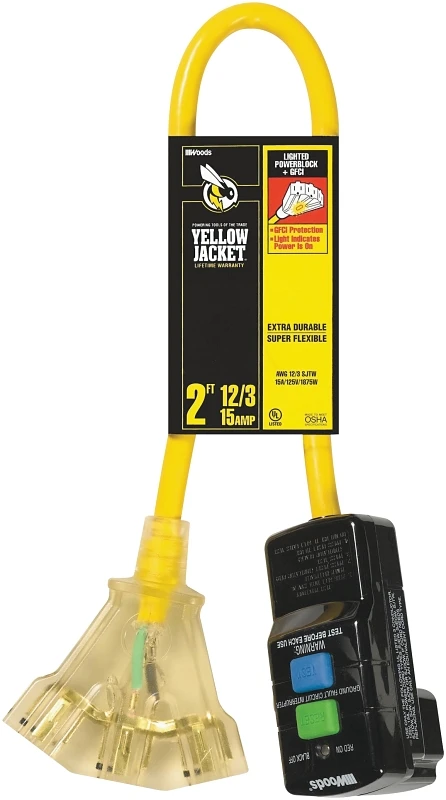 2 Ft. 12/3 Gfi Extension Cord With Power Block And Three Outlets
