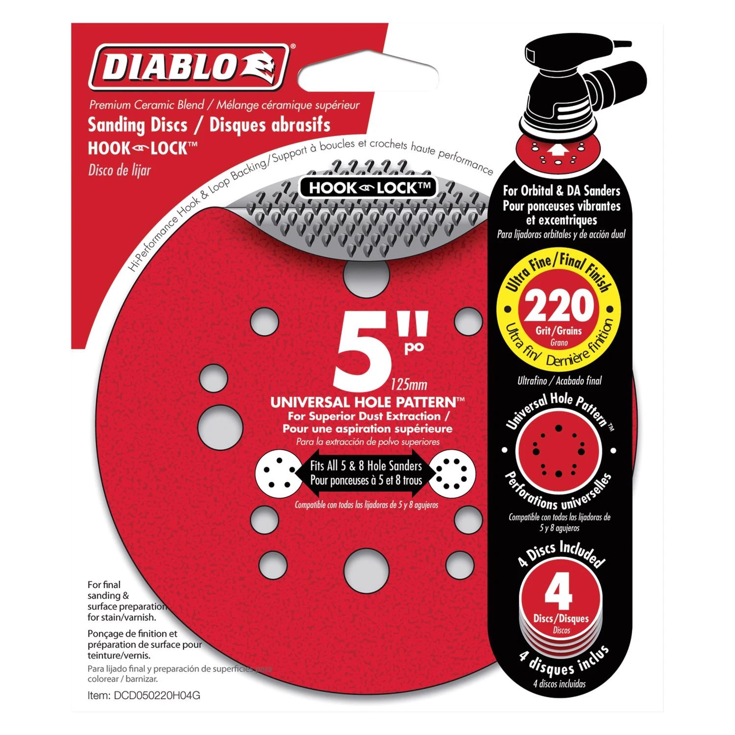 Orbital Sanding Disc, 12 Hole, Hook & Loop, 220-Grit, 5-In., 4-Pk.