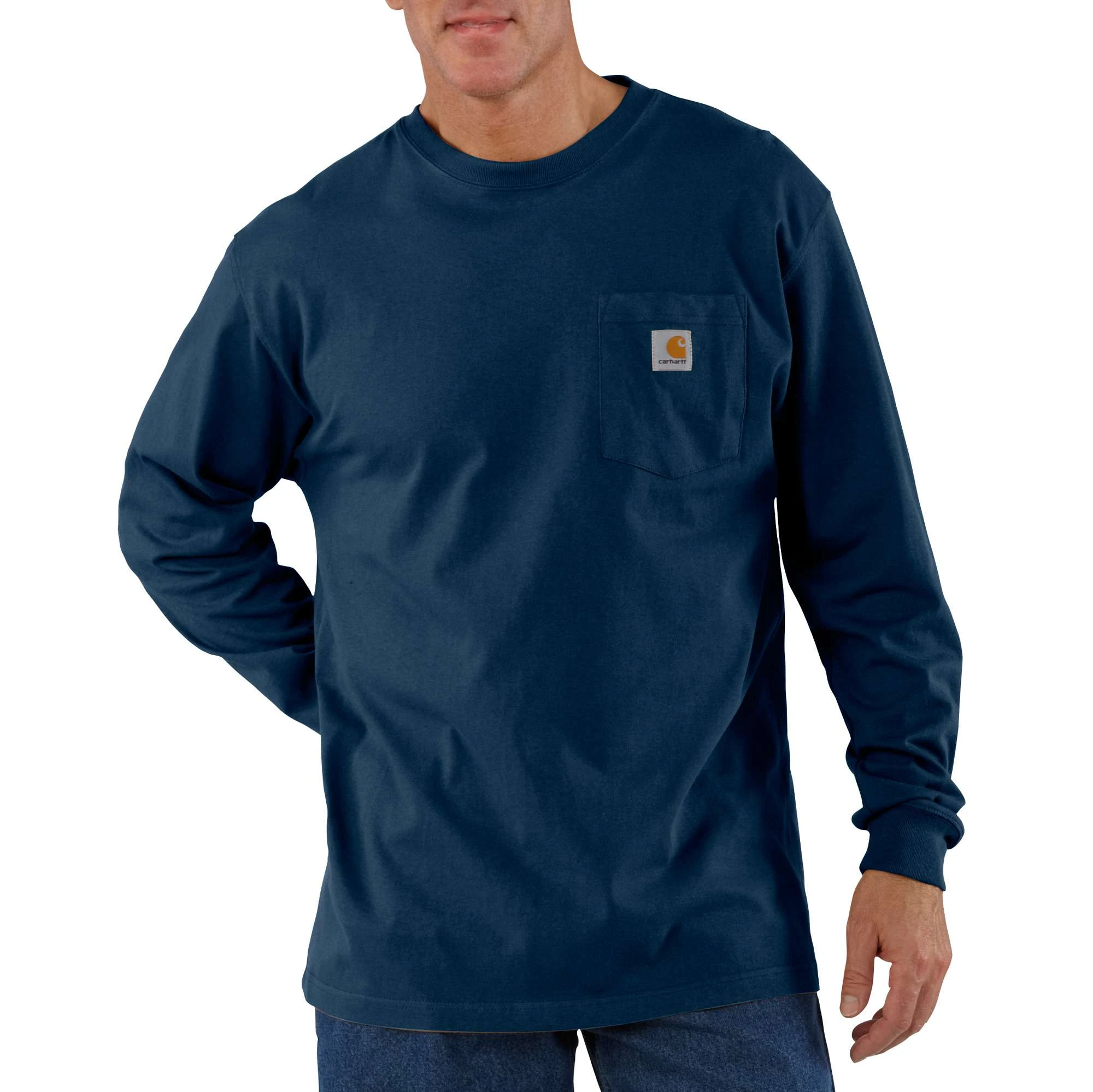 Men's Long Sleeve Pocket T-shirt, Navy, Xxl, 100% Cotton