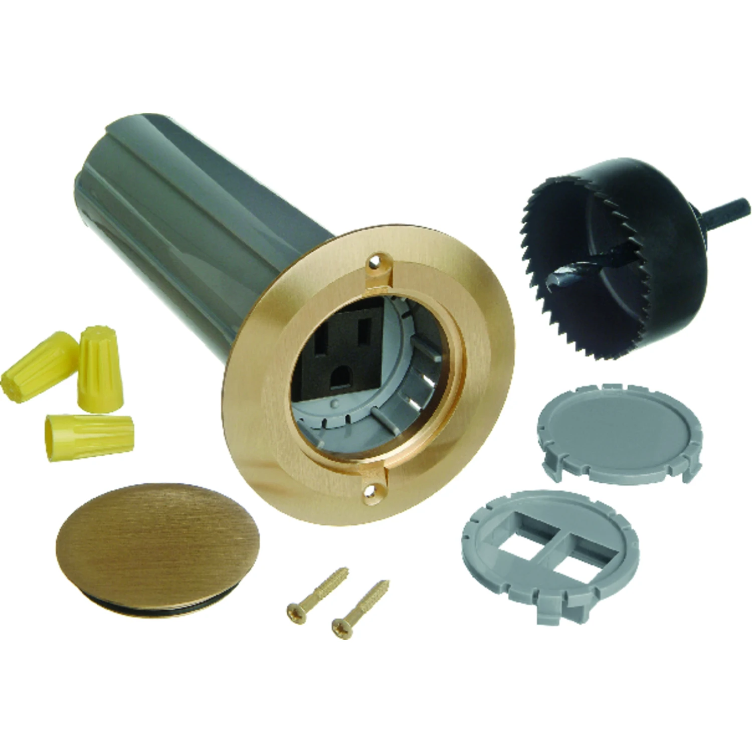 Single Gang Drop-In Floor Electrical Box Kit with Brass Cover for Low Voltage Applications