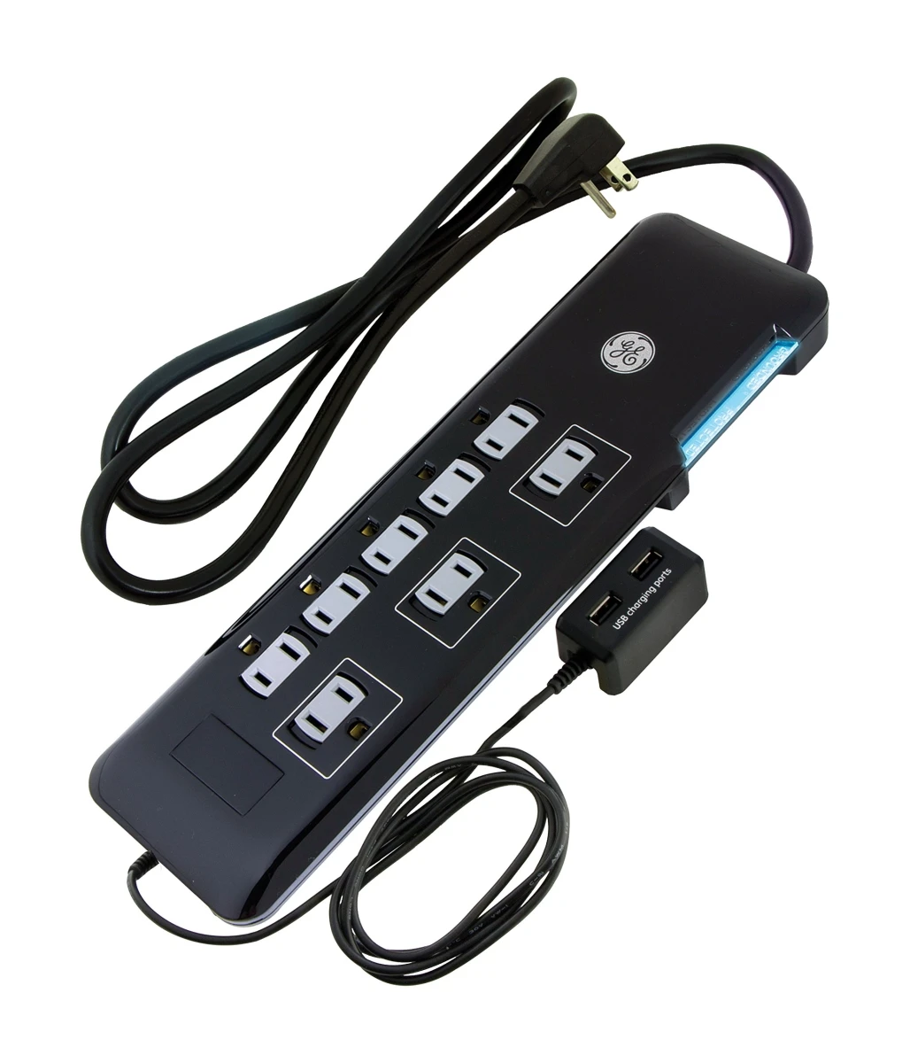 8-Outlet Black Surge Protector with USB Tether and 4 Foot Power Cord