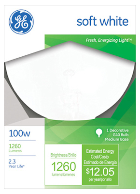 Globe Light Bulb, White, 100 Watt, 5 In.