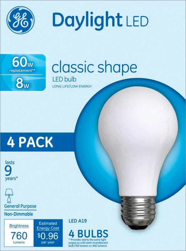 LED Light Bulbs, Daylight, 760 Lumens, 8 Watt, 4-Pk.