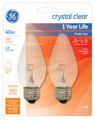 75341 40w Flame Shaped Clear Incandescent Bulb, Medium Base, 2-pack, 1500 Hour Life