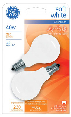 Ceiling Fan Light Bulbs, White, Candelabra Base, 40 Watt, 2-Pk.