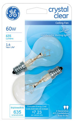 Satco 60W Clear Candelabra A15 Incandescent Ceiling Fan Light Bulb (2-Pack)