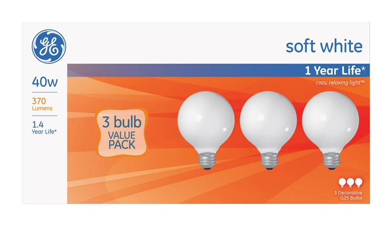 40-watt G25 White Globe Incandescent Light Bulbs, 3-pk, 370 Lumens, 2500k