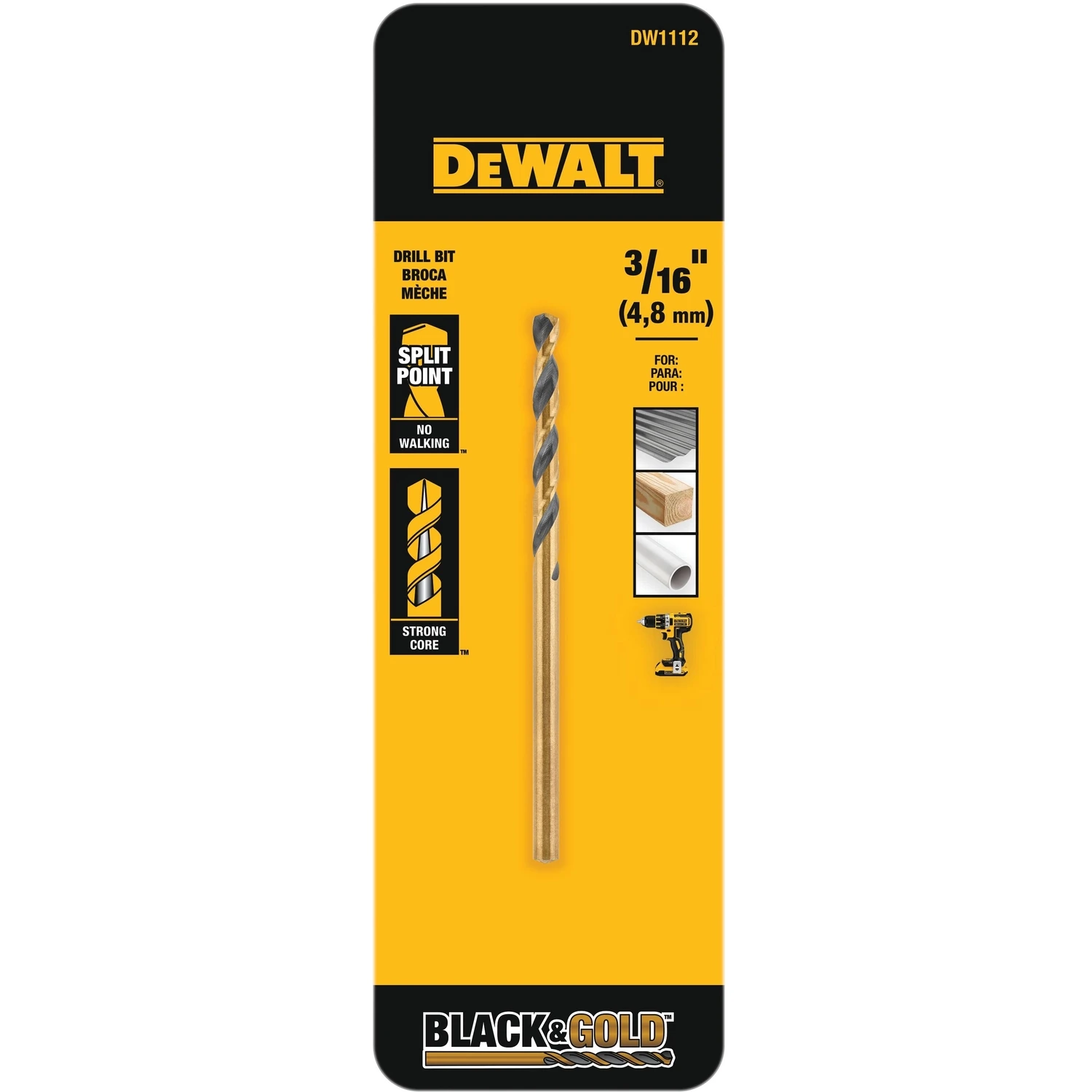Black and Gold Split Point Drill Bit, 3 by 16 Inch Diameter