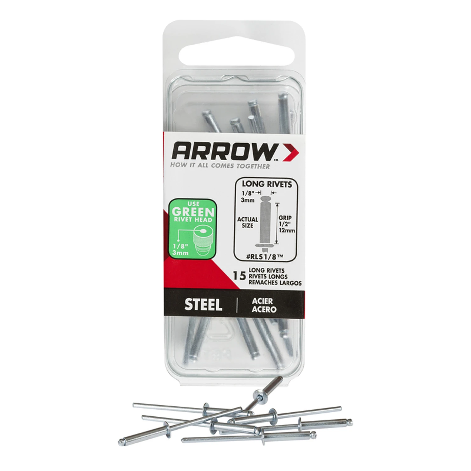 1/8In Steel Long Rivet ARROW FASTENER CO Pop Rivets RLS1/8 Steel 079055008088