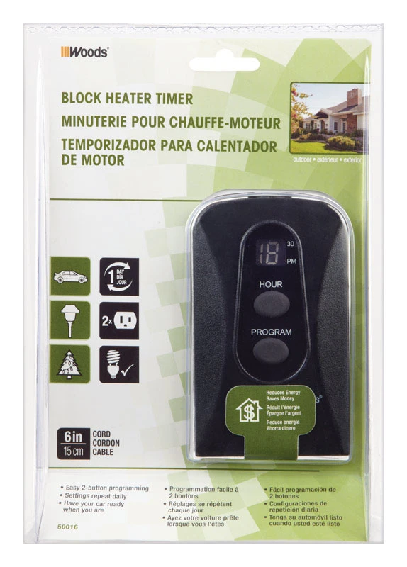 50016 15-amp Digital Block Heater Timer, 2-outlet, 24-hour Programmable, Black