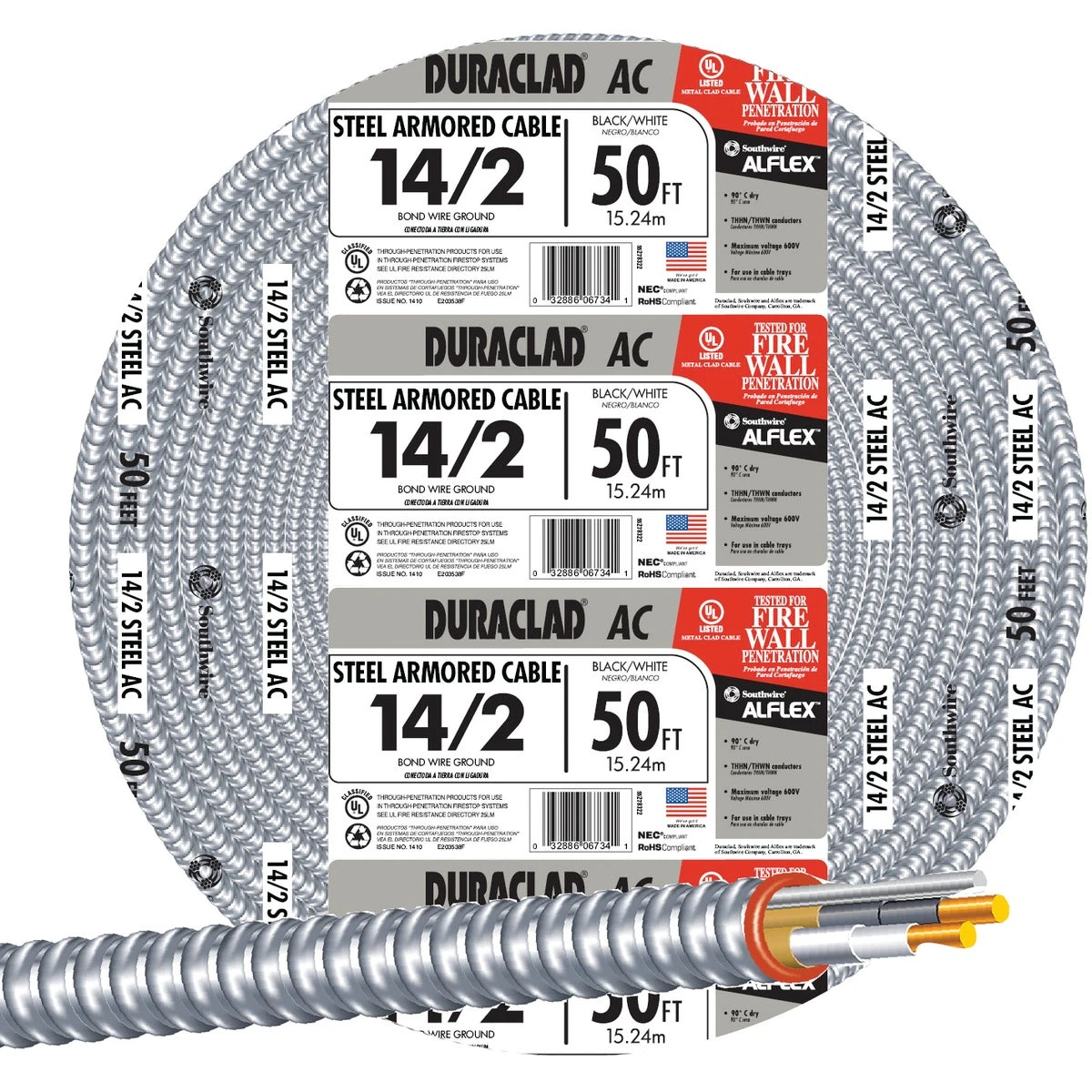 Armored Cable Steel Jacket 14 Gauge 2 Conductor 50 Feet