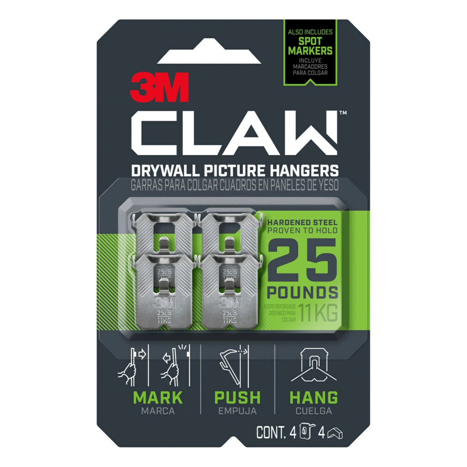 3M CLAW 3PH25M-4ES Drywall Picture Hanger, 25 lb, Steel, Push-In, 4/PK