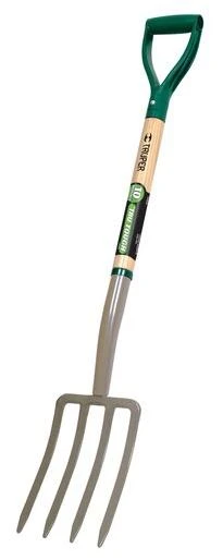 Spading Fork with Four Tines and Ergonomic D-Grip Handle for Gardening