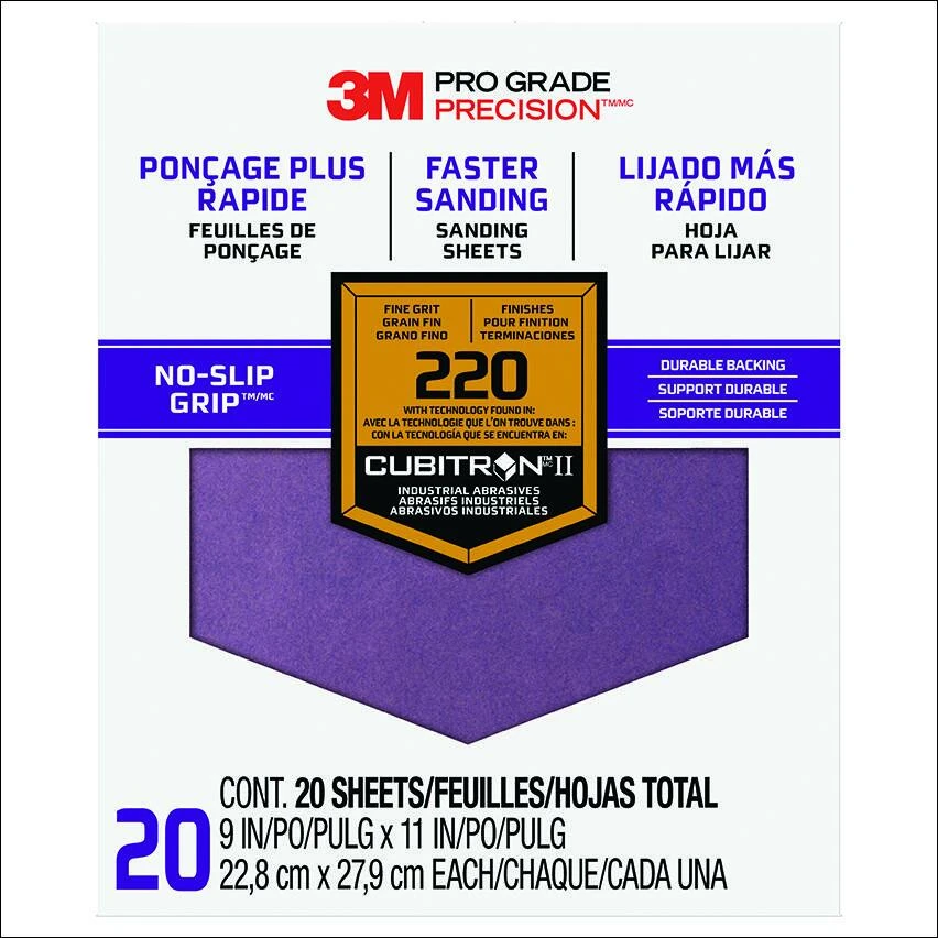 Scotch 26220CP-P-G Sandpaper Sheet, 11 in L, 9 in W, Very Fine, 220 Grit, Aluminum Oxide Abrasive, Paper Backing