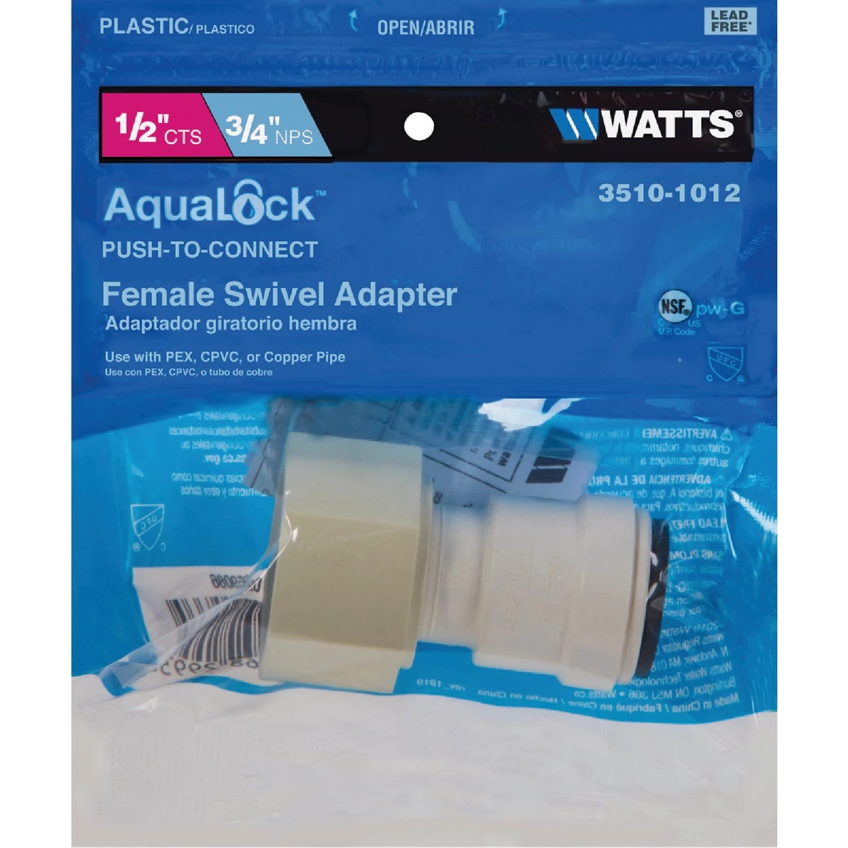 PEX Quick Connect Straight Adapter with 1/2 Inch Copper Tube and 3/4 Inch Female Pipe Thread