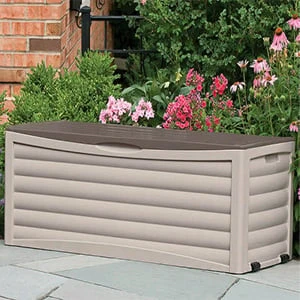 Suncast 103 Gallon Resin Deck Box With Wheels, Light Taupe & Mocha, Model Db10300