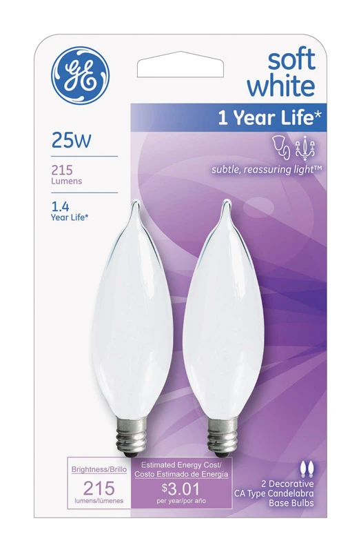 Candelabra Light Bulb, Bent-Tip, Frosted, 25 Watt, 2-Pk.