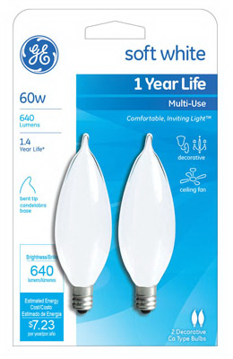 Candelabra Light Bulb, Bent-Tip, Frosted, 60-Watts, 2-Pk.