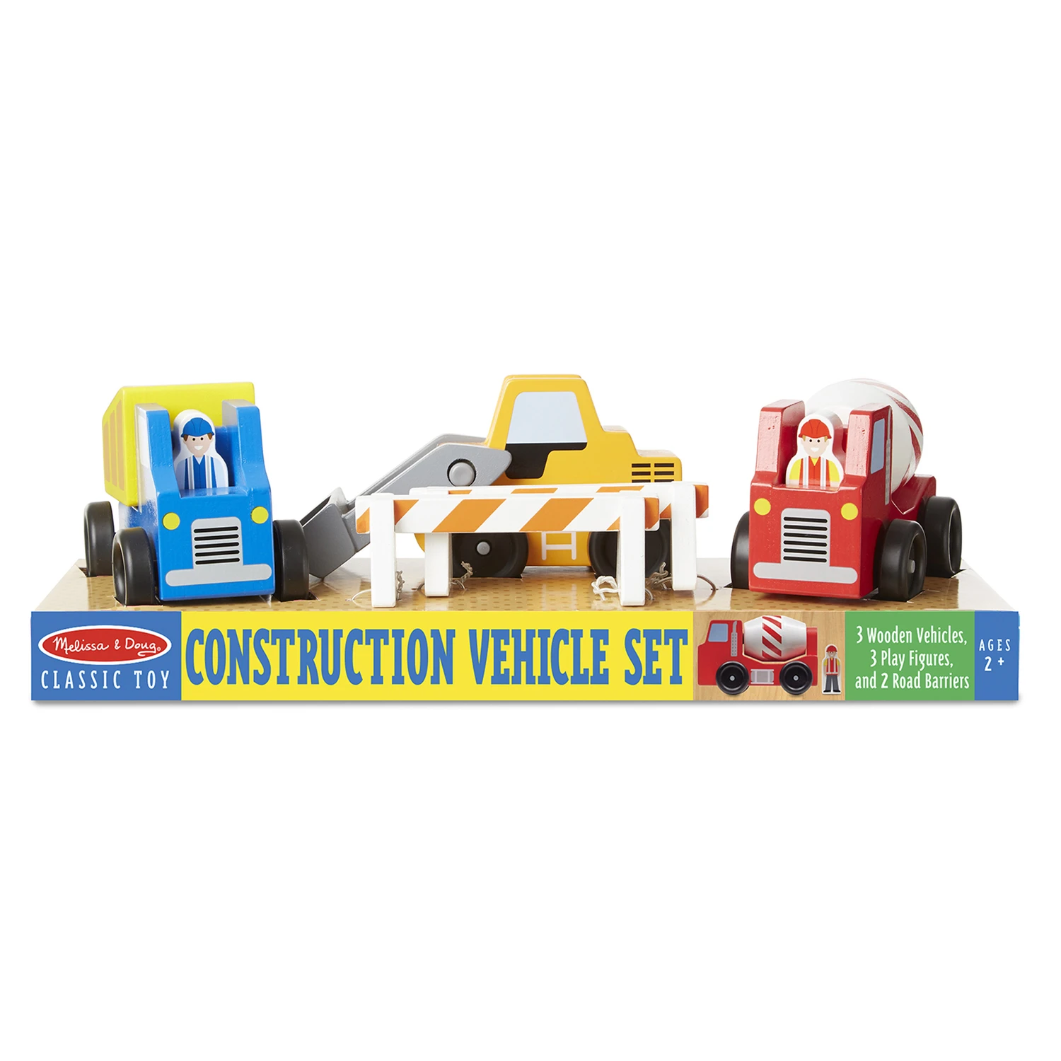 Construction Vehicle Set - 3 Wooden Vehicles And 2 Road Barriers
