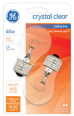 Ceiling Fan Light Bulbs, Clear, 2-Pack, 40-Watt