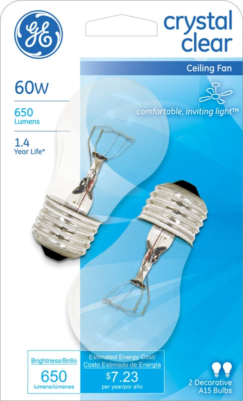 Ceiling Fan Light Bulbs, Clear, 2-Pack, 60-Watt