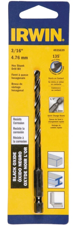 4935639 High Speed Steel Jobber Drill Bit, 3/16 In Dia, 4-1/4 In Oal, Hex Shank