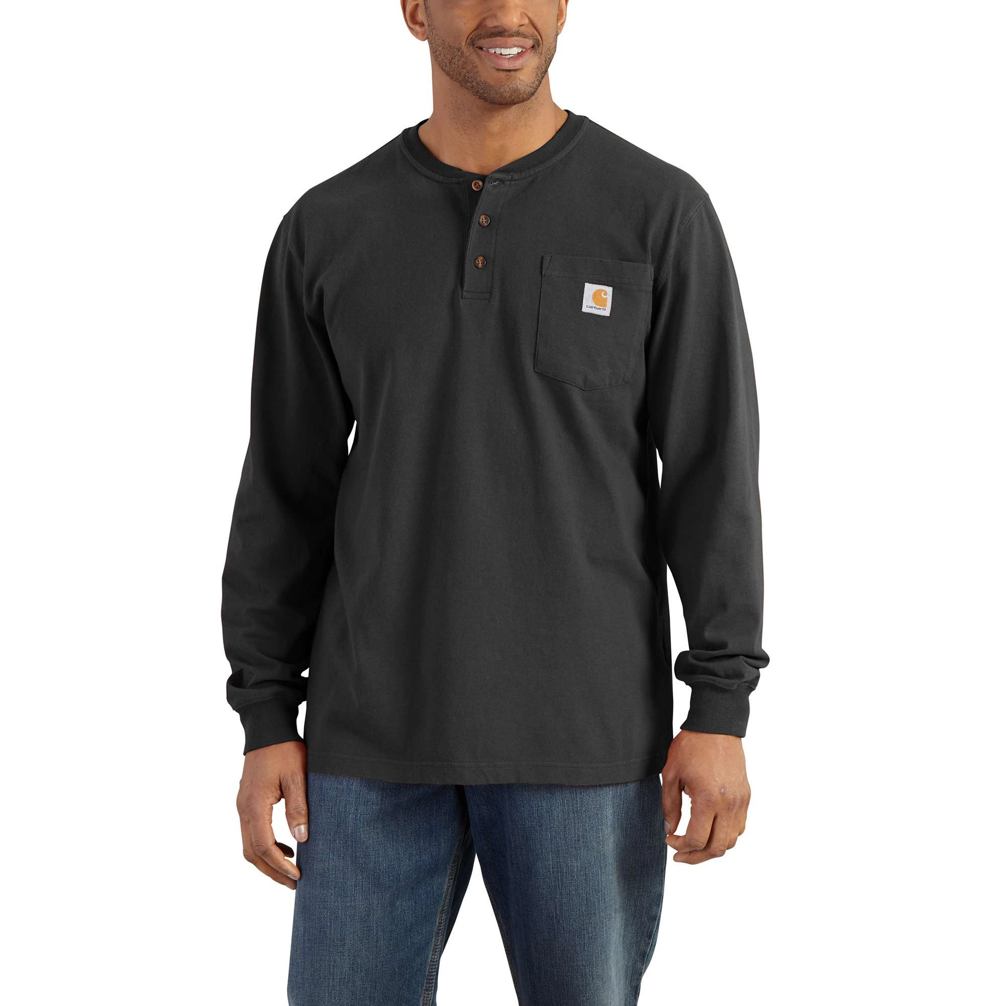 Men's Loose Fit Heavyweight Long-sleeve Pocket Henley T-shirt, Black, Xl