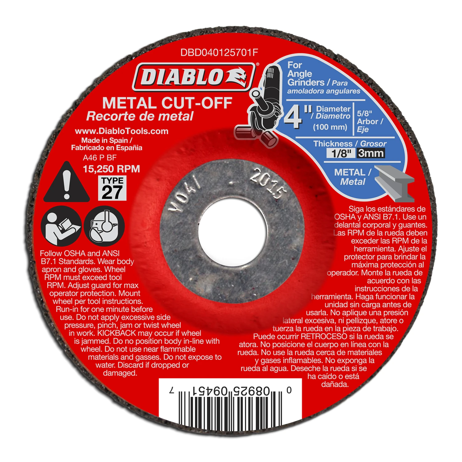 Metal Cut-Off Discs, 4 x 1/8 x 5/8-In.