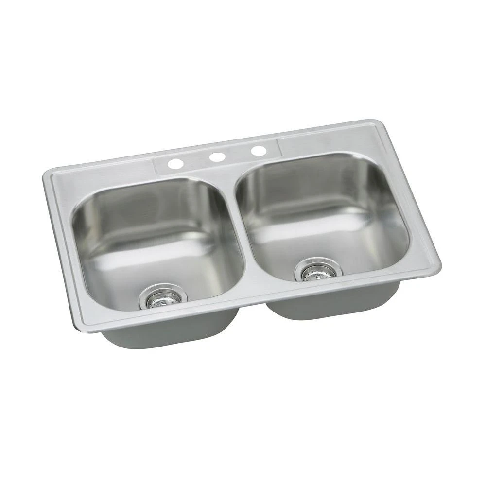 Dayton Stainless Steel Kitchen Sink with Satin Finish, Double Offset Bowls, Three Holes, 33 by 22 Inches