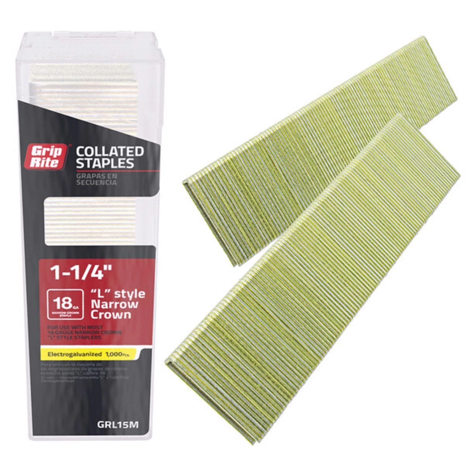 Collated Narrow Crown Staples, L-Style Electrogalvanized Steel, 1-1/4 In. x 18 Gauge, 1000-Pk.