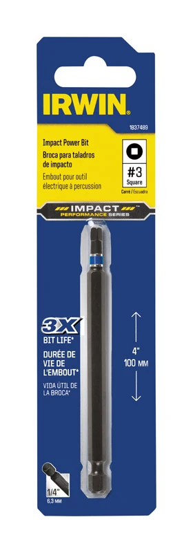 Iwaf33sq3 Square Drive Insert Bit, #3 Drive, 1/4 In Hex Shank, 3-1/2 In Length