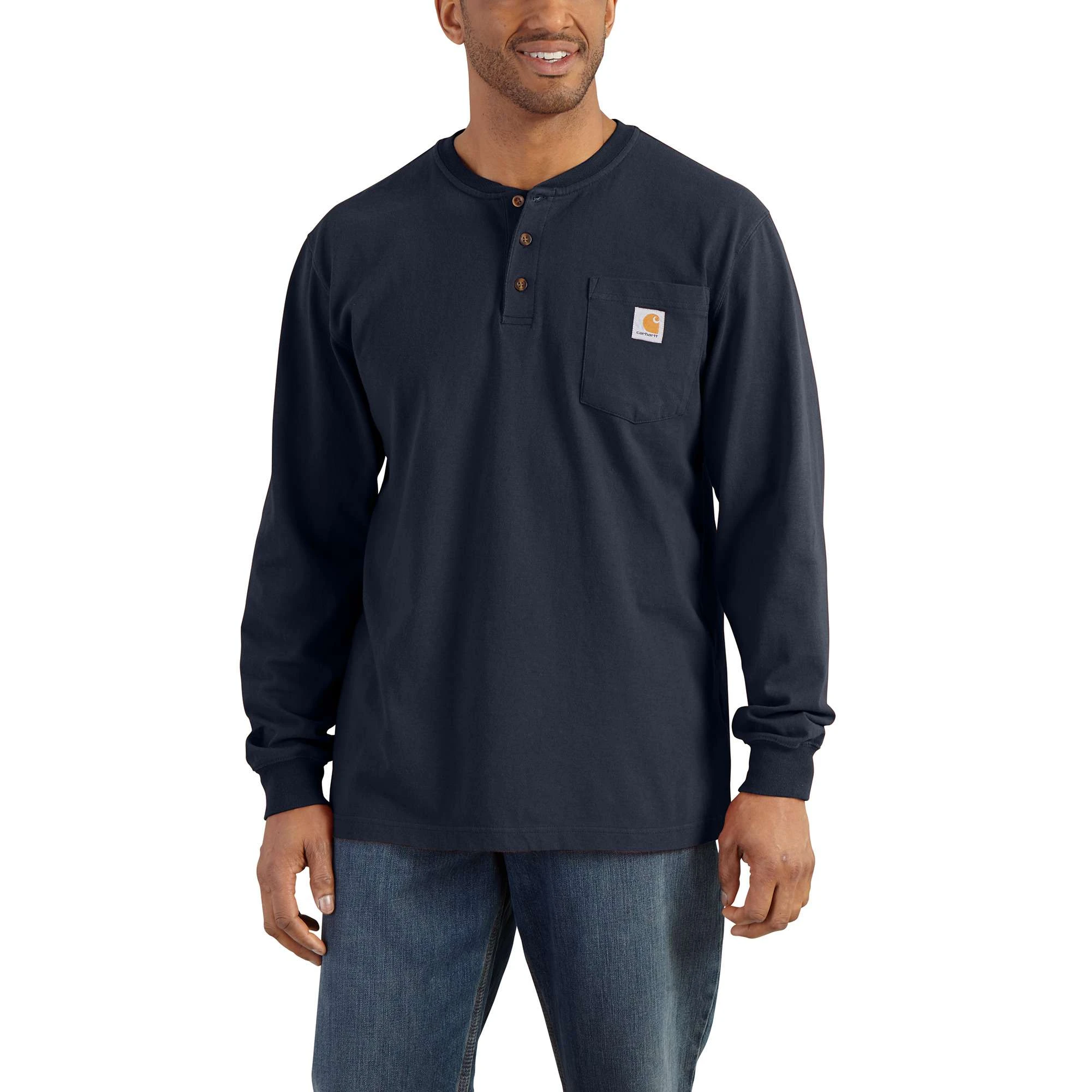 Men's Loose Fit Heavyweight Long-sleeve Pocket Henley T-shirt, Navy, Size Small