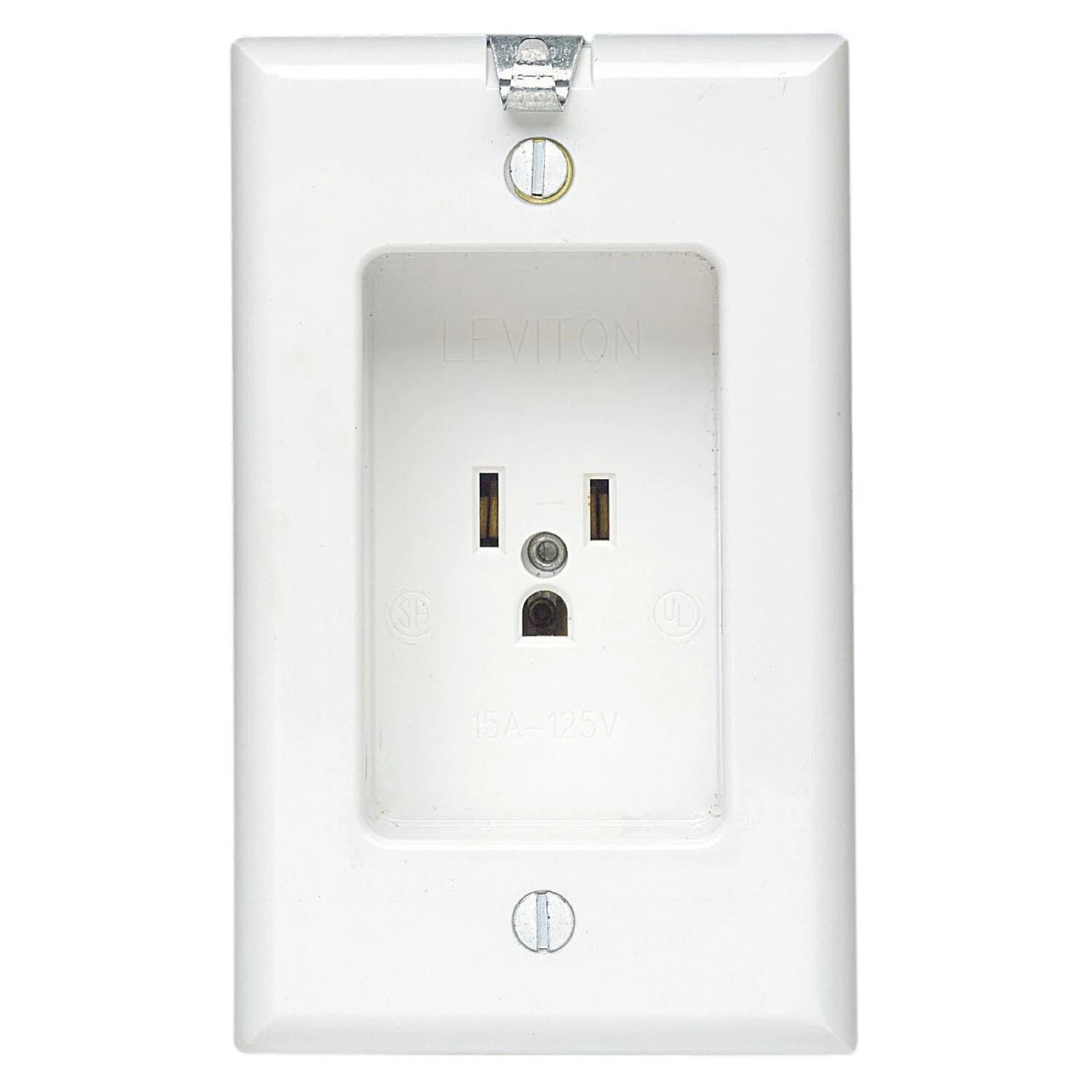 15 Amp Residential Grade 1-Gang Recessed Single Outlet with Clocked Hanger Hook, White