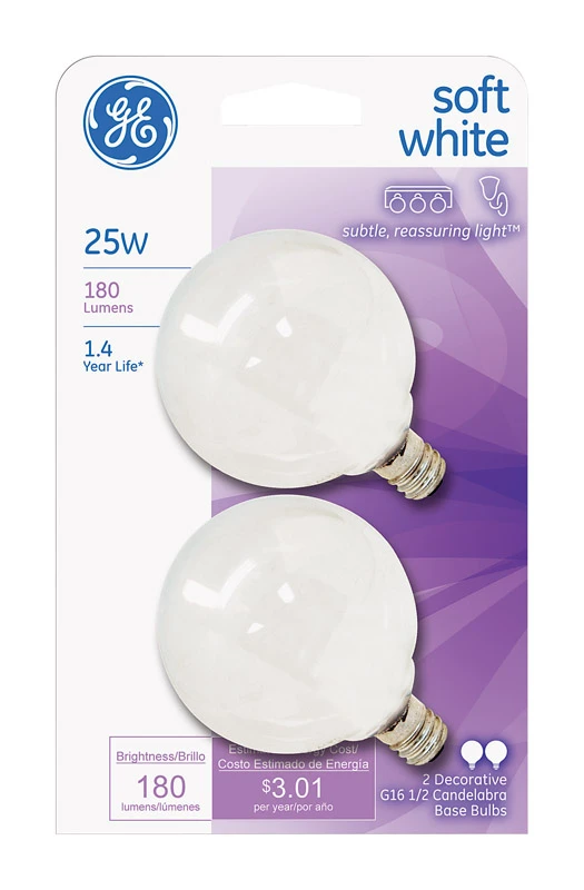 Globe Light Bulbs, White, 2-Pk., 25 Watt
