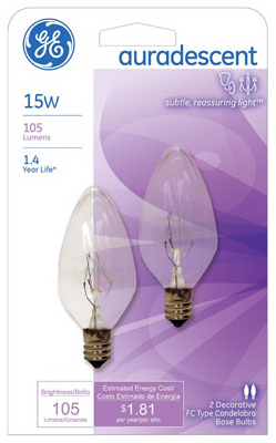 Auradescent Torpedo Flame Light Bulbs, 15 Watt, 2-Pk.