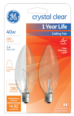 Ceiling Fan Light Bulb, 40 Watt, 120-Volt, 2-Pk.