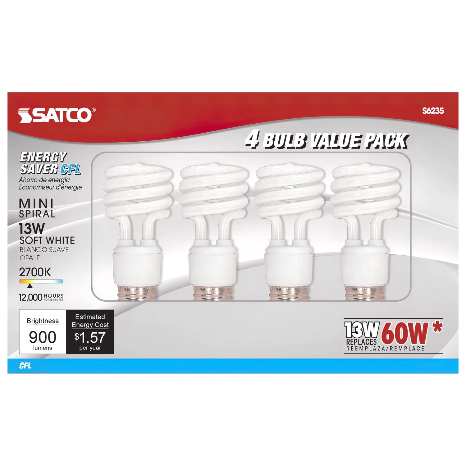 Satco 60W Equivalent Warm White Medium Base T2 Spiral CFL Light Bulb (4-Pack)